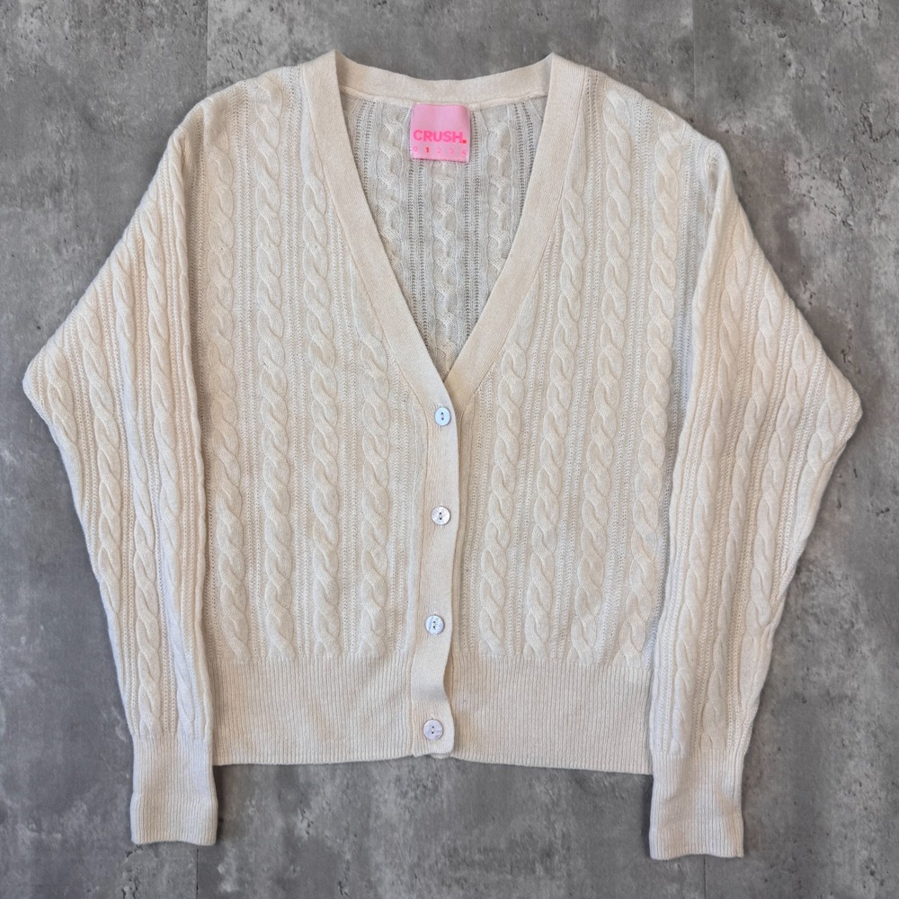 Crush Cashmere Luxury Cardigan Sweater Women's Medium 1 Cream Cable Knit Premium